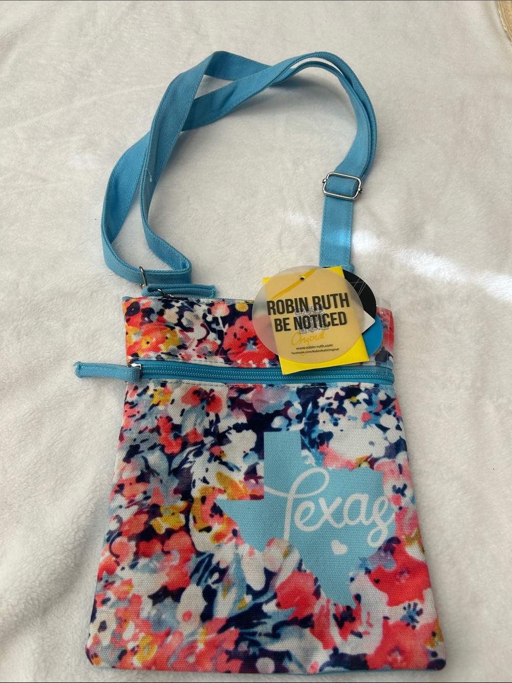 Robin Ruth Teal Strap Multicolor Floral Crossbody Bag with Texas Motif